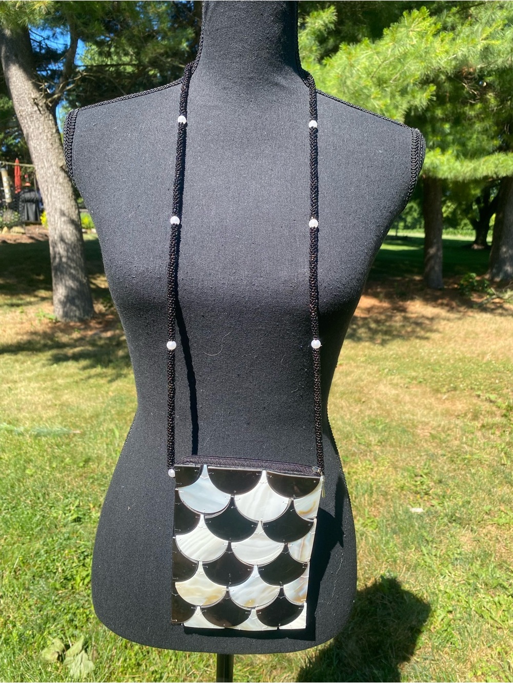 Black and Abalone Shell Tile Crossbody Bag by Mad Vintage Beaded Strap